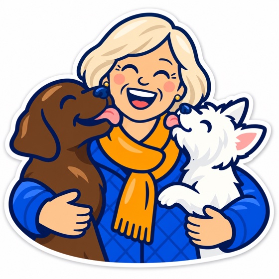 Illustration of the same grandmother laughing as two dogs give her a kiss